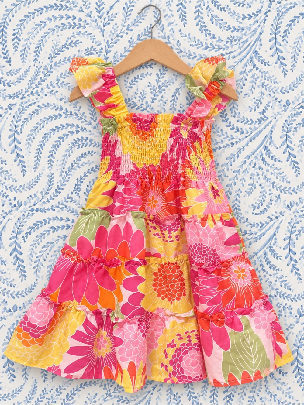 Girls Floral Smocked Sundress in Pink & Yellow